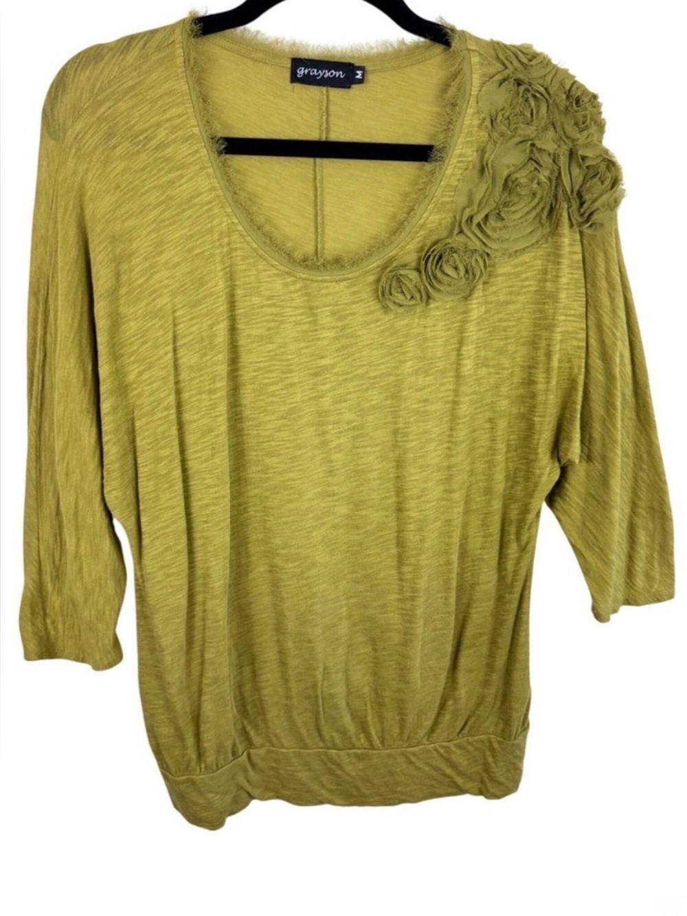 Grayson Womens Chartreuse Green Pima Cotton Modal Rosette Fringe Top Medium
